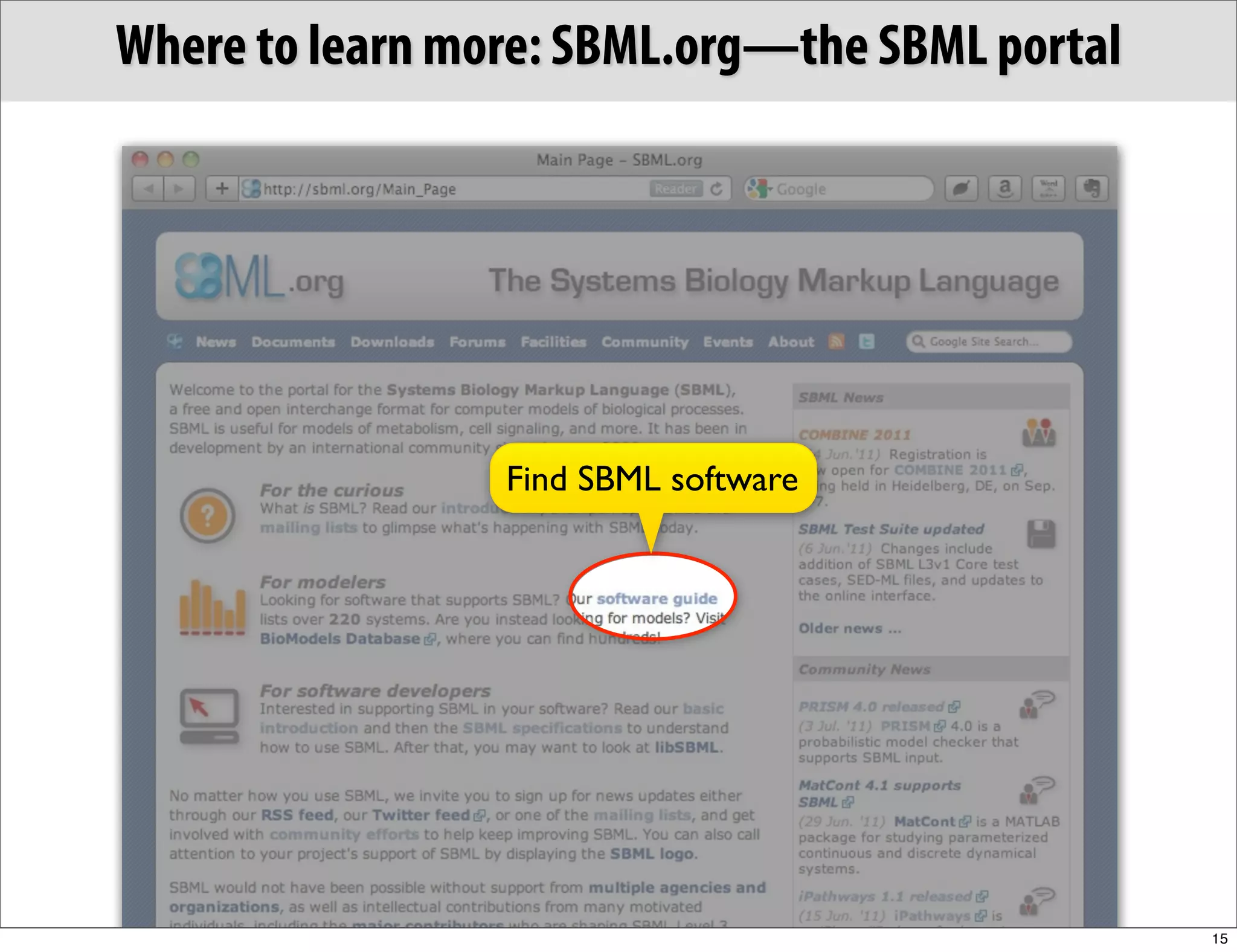 Where to learn more: SBML.org—the SBML portal




                 Find SBML software




                                                15
 