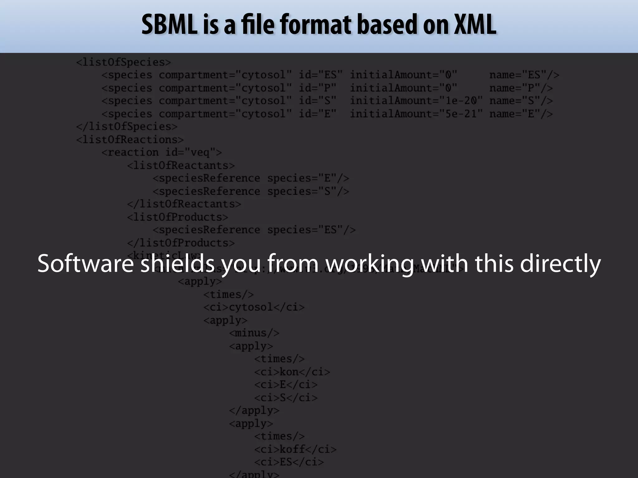 SBML is a file format based on XML 
Software shields you from working with this directly 
 