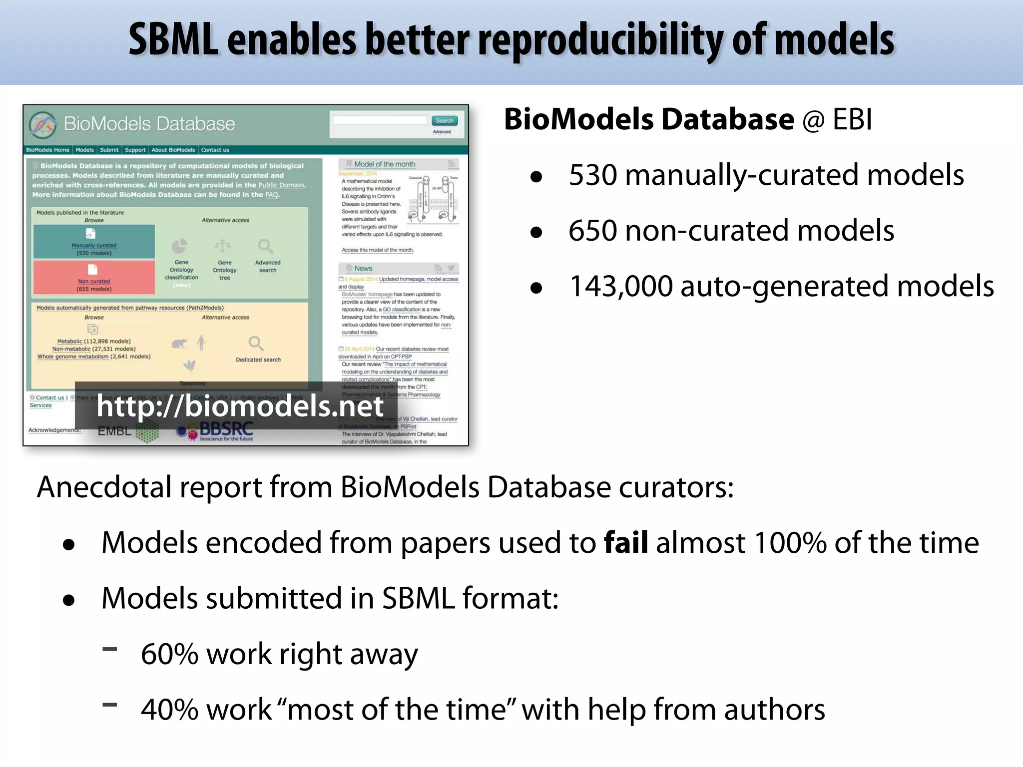 SBML enables better reproducibility of models 
BioModels Database @ EBI 
• 530 manually-curated models 
• 650 non-curated models 
• 143,000 auto-generated models 
http://biomodels.net 
Anecdotal report from BioModels Database curators: 
• Models encoded from papers used to fail almost 100% of the time 
• Models submitted in SBML format: 
- 60% work right away 
- 40% work “most of the time” with help from authors 
 