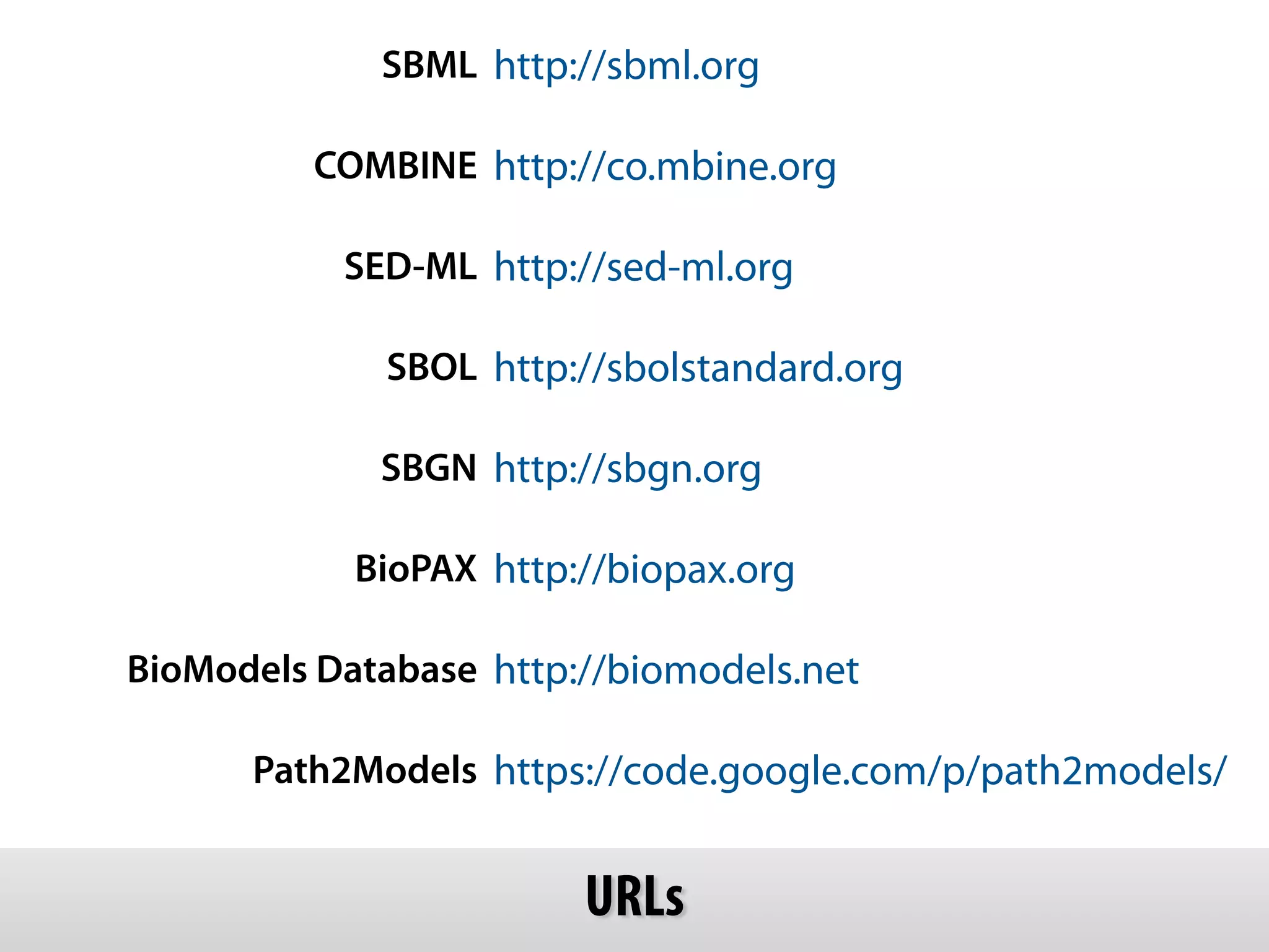SBML http://sbml.org 
COMBINE http://co.mbine.org 
SED-ML http://sed-ml.org 
SBOL http://sbolstandard.org 
SBGN http://sbgn.org 
BioPAX http://biopax.org 
BioModels Database http://biomodels.net 
Path2Models https://code.google.com/p/path2models/ 
URLs 
