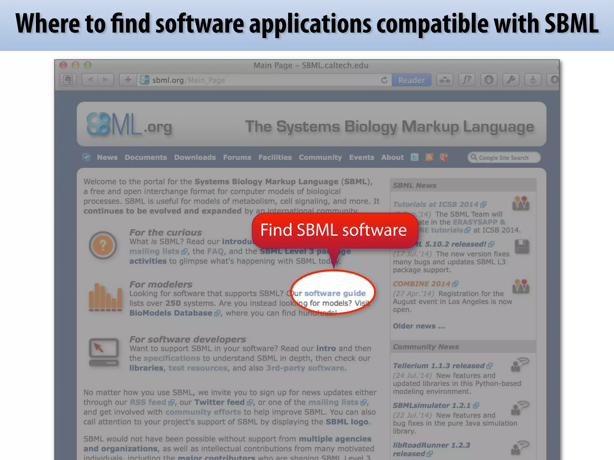 Where to find software applications compatible with SBML 
Find SBML software 
 