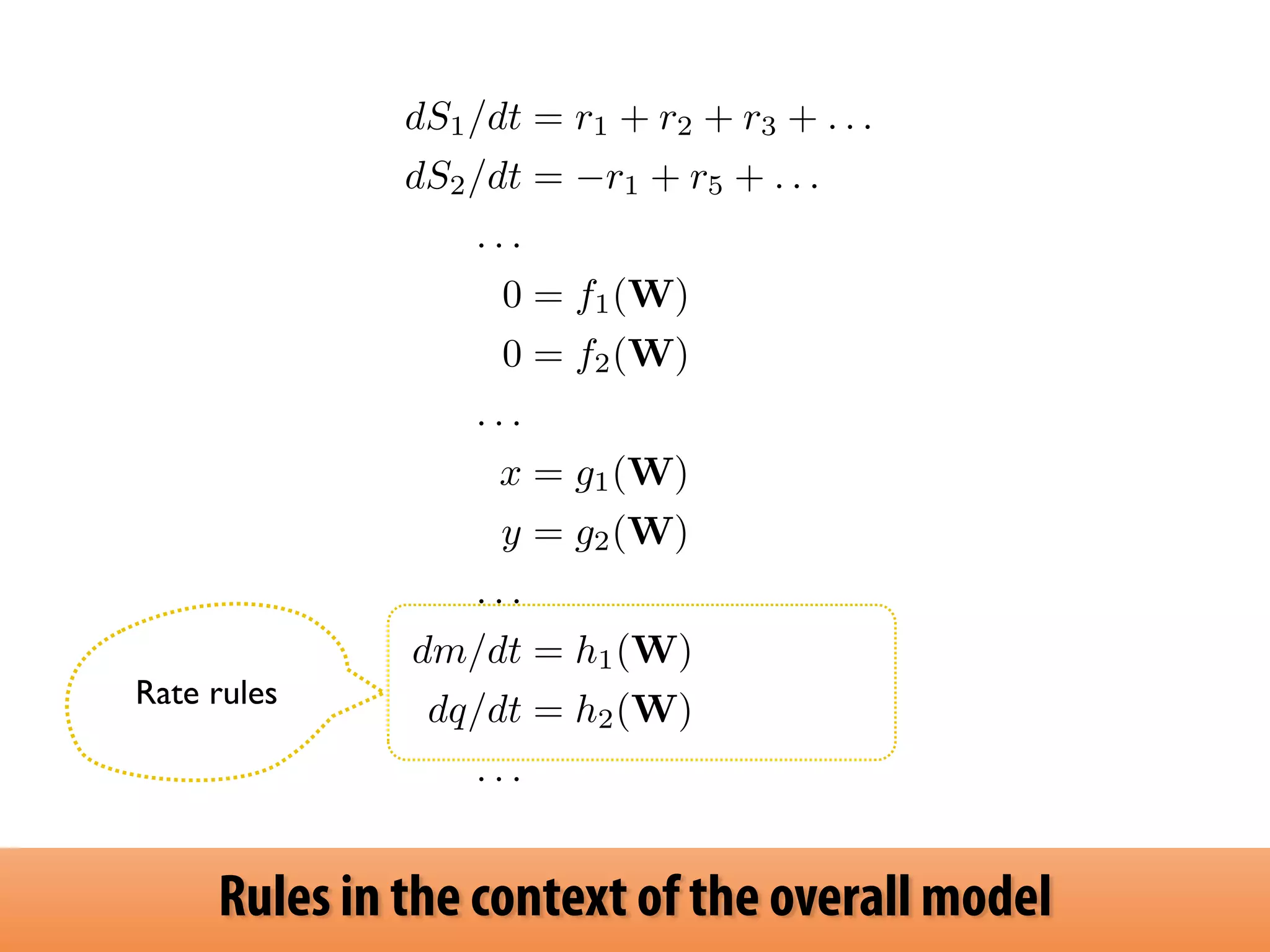 dS1/dt = r1 + r2 + r3 + . . . 
dS2/dt = r1 + r5 + . . . 
. . . 
0 = f1(W) 
0 = f2(W) 
. . . 
x = g1(W) 
y = g2(W) 
. . . 
dm/dt = h1(W) 
dq/dt = h2(W) 
. . . 
Rate rules 
Rules in the context of the overall model 
 