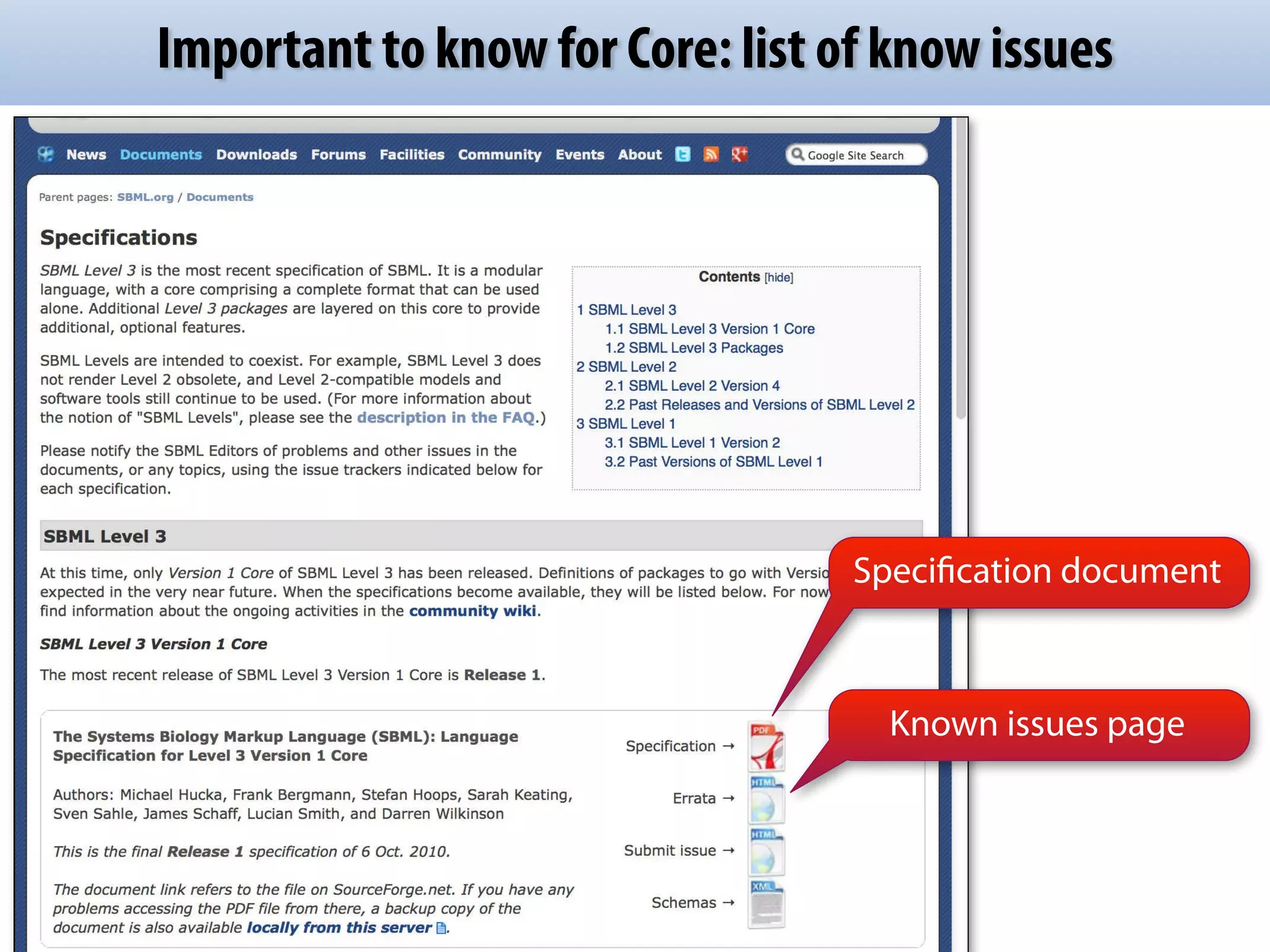 Important to know for Core: list of know issues 
Specification document 
Known issues page 
 