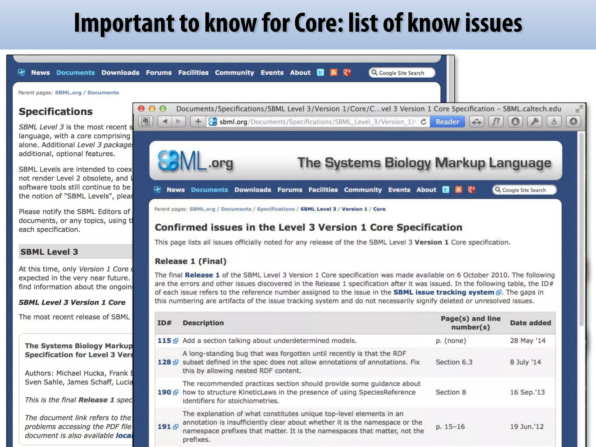 Important to know for Core: list of know issues 
Specification document 
Known issues page 
 