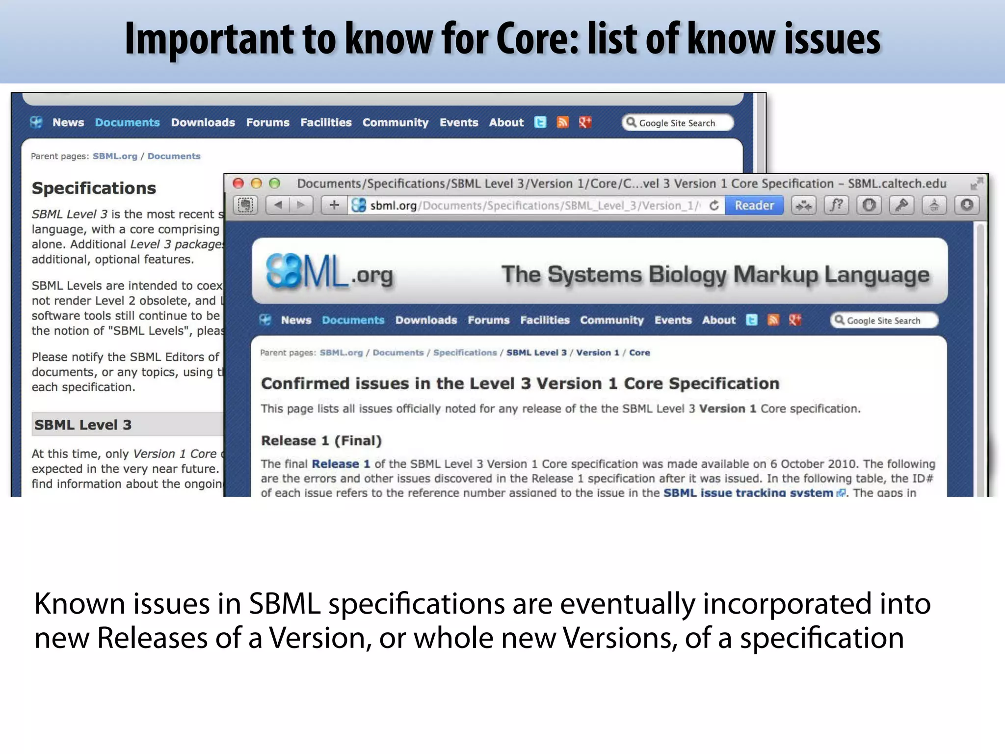 Important to know for Core: list of know issues 
Specification document 
Known issues page 
Known issues in SBML specifications are eventually incorporated into 
new Releases of a Version, or whole new Versions, of a specification 
 