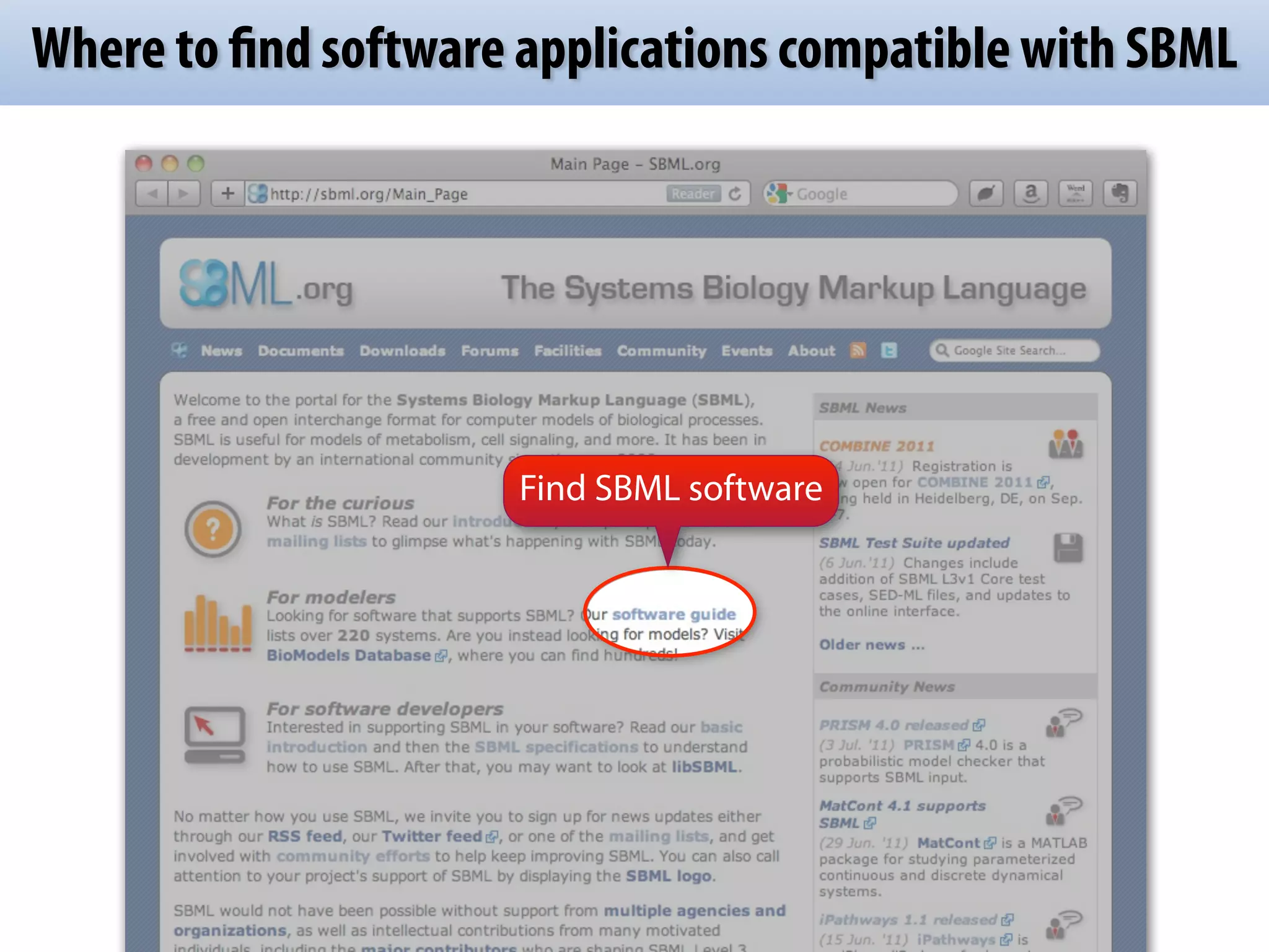 Where to find software applications compatible with SBML 
Find SBML software 
 