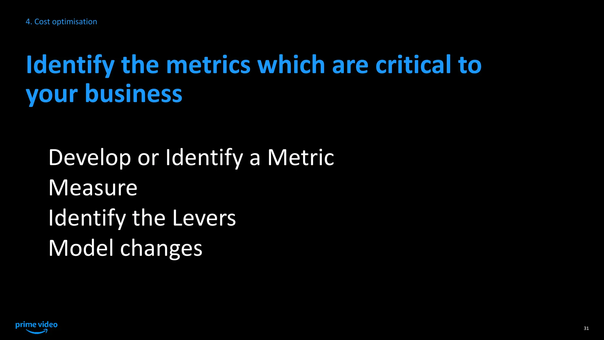 Identify the metrics which are critical to
your business
Develop or Identify a Metric
Measure
Identify the Levers
Model changes
31
4. Cost optimisation
 