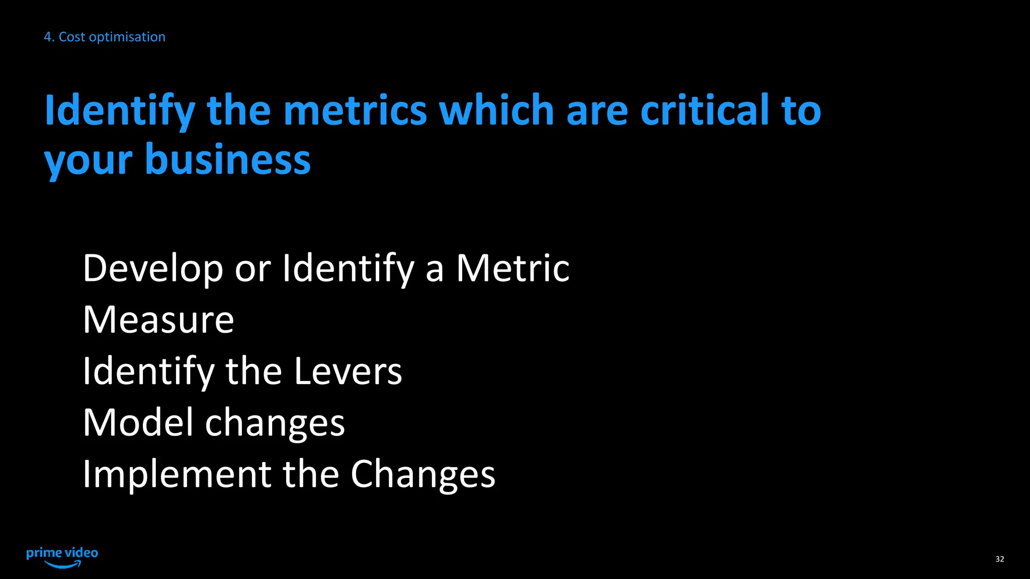 Identify the metrics which are critical to
your business
Develop or Identify a Metric
Measure
Identify the Levers
Model changes
Implement the Changes
32
4. Cost optimisation
 