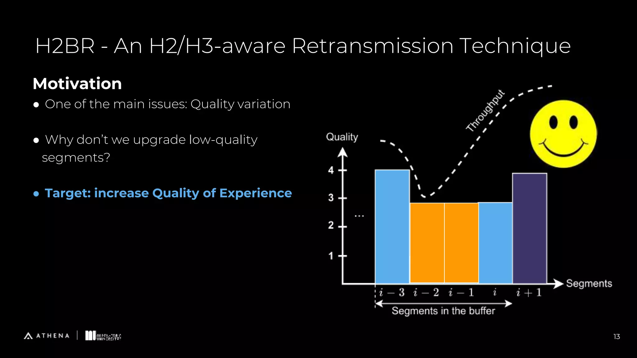 Motivation
● One of the main issues: Quality variation
● Why don’t we upgrade low-quality
segments?
● Target: increase Quality of Experience
H2BR - An H2/H3-aware Retransmission Technique
13
 