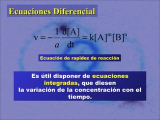 nm
[B]]A[k
dt
]d[A1
v =−=
a
Ecuación de rapidez de reacción
Es útil disponer de ecuaciones
integradas, que diesen
la variación de la concentración con el
tiempo.
Ecuaciones DiferencialEcuaciones Diferencial
 