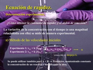 Ecuación de rapidez.Ecuación de rapidez.
La variación de la concentración con el tiempo (o una magnitud
relacionada con ella) se mide de manera experimental.
¿Cómo obtener la constante de rapidez y el orden de reacción?
a) Método de las velocidades iniciales
Experimento 1: v0,1 = k [A]0,1
n
Experimento 2: v0,2 = k [A]0,2
n
v0,1/v0,2 = ([A]0,1/[A]0,2)n
n
conocido n, despejo k.
Se puede utilizar también para A + B → Productos, manteniendo constante
la concentración de un reactivo y modificando la otra.
Determinación experimentalDeterminación experimental..
 
