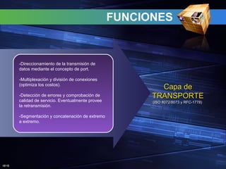 J@V@
FUNCIONES
Capa deCapa de
TRANSPORTETRANSPORTE
(ISO 8072/8073 y RFC-1778)(ISO 8072/8073 y RFC-1778)
-Direccionamiento de la transmisión de
datos mediante el concepto de port.
-Multiplexación y división de conexiones
(optimiza los costos).
-Detección de errores y comprobación de
calidad de servicio. Eventualmente provee
la retransmisión.
-Segmentación y concatenación de extremo
a extremo.
 