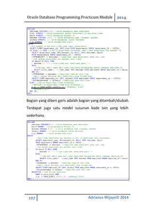 Oracle Database Programming Practicum Module 2014
107 Adrianus Wijaya© 2014
Bagian yang diberi garis adalah bagian yang ditambah/diubah.
Terdapat juga satu model susunan kode lain yang lebih
sederhana.
 