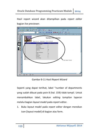 Oracle Database Programming Practicum Module 2014
159 Adrianus Wijaya© 2014
Hasil report wizard akan ditampilkan pada report editor
bagian live previewer.
Gambar 8-11 Hasil Report Wizard
Seperti yang dapat terlihat, label “number of departments
yang sudah dibuat pada poin 8 (hal. 159) tidak tampil. Untuk
menambahkan label, lakukan editing tampilan laporan
melalui bagian layout model pada report editor.
1. Buka layout model pada report editor dengan menekan
icon [layout model] di bagian atas form.
 