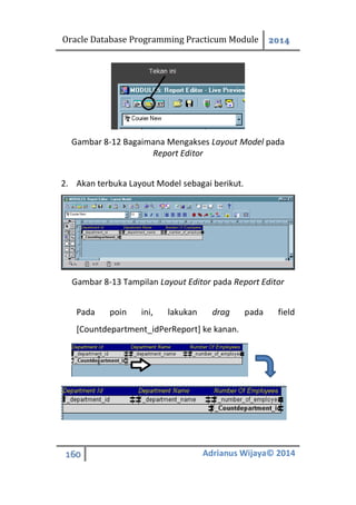 Oracle Database Programming Practicum Module 2014
160 Adrianus Wijaya© 2014
Gambar 8-12 Bagaimana Mengakses Layout Model pada
Report Editor
2. Akan terbuka Layout Model sebagai berikut.
Gambar 8-13 Tampilan Layout Editor pada Report Editor
Pada poin ini, lakukan drag pada field
[Countdepartment_idPerReport] ke kanan.
 