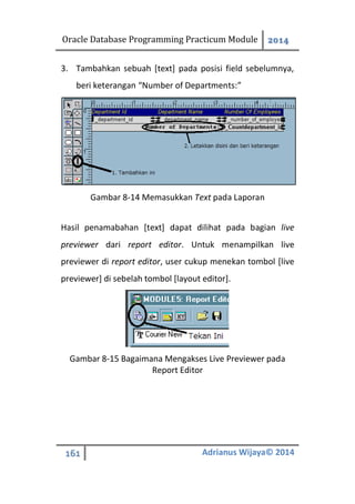 Oracle Database Programming Practicum Module 2014
161 Adrianus Wijaya© 2014
3. Tambahkan sebuah [text] pada posisi field sebelumnya,
beri keterangan “Number of Departments:”
Gambar 8-14 Memasukkan Text pada Laporan
Hasil penamabahan [text] dapat dilihat pada bagian live
previewer dari report editor. Untuk menampilkan live
previewer di report editor, user cukup menekan tombol [live
previewer] di sebelah tombol [layout editor].
Gambar 8-15 Bagaimana Mengakses Live Previewer pada
Report Editor
 