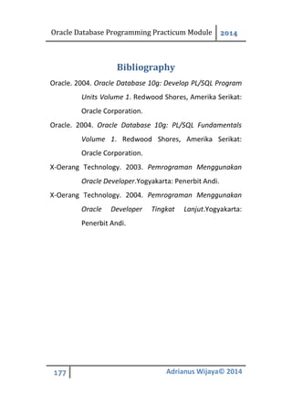 Oracle Database Programming Practicum Module 2014
177 Adrianus Wijaya© 2014
Bibliography
Oracle. 2004. Oracle Database 10g: Develop PL/SQL Program
Units Volume 1. Redwood Shores, Amerika Serikat:
Oracle Corporation.
Oracle. 2004. Oracle Database 10g: PL/SQL Fundamentals
Volume 1. Redwood Shores, Amerika Serikat:
Oracle Corporation.
X-Oerang Technology. 2003. Pemrograman Menggunakan
Oracle Developer.Yogyakarta: Penerbit Andi.
X-Oerang Technology. 2004. Pemrograman Menggunakan
Oracle Developer Tingkat Lanjut.Yogyakarta:
Penerbit Andi.
 