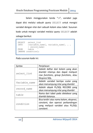 Oracle Database Programming Practicum Module 2014
10 Adrianus Wijaya© 2014
Selain menggunakan tanda “:=”, variabel juga
dapat diisi melalui sebuah query SELECT untuk mengisi
variabel dengan nilai dari sebuah kolom atau tabel. Susunan
kode untuk mengisi variabel melalui query SELECT adalah
sebagai berikut:
Pada susunan kode ini:
Syntax Penjelasan
select_list
Adalah daftar dari kolom yang akan
diambil nilainya dan dapat meliputi
row functions, group functions, atau
Ekspresi SQL.
Variable_name
Adalah variabel bertipe scalar yang
akan menampung nilai yang diambil
record_name
Adalah obyek PL/SQL RECORD yang
akan menampung nilai yang diambil
table
Nama dari tabel pada database yang
diambil datanya.
condition
Bisa terdiri atas nama kolom, ekspresi,
constant, dan operasi perbandingan
yang meliputi variabel atau PL/SQL
constant.
SELECT select_list
INTO {variable_name[, variable_name]. . .
| record_name}
FROM table
[WHERE condition];
 