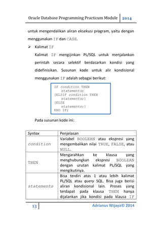 Oracle Database Programming Practicum Module 2014
13 Adrianus Wijaya© 2014
untuk mengendalikan aliran eksekusi program, yaitu dengan
menggunakan IF dan CASE.
 Kalimat IF
Kalimat IF mengijinkan PL/SQL untuk menjalankan
perintah secara selektif berdasarkan kondisi yang
didefinisikan. Susunan kode untuk alir kondisional
menggunakan IF adalah sebagai berikut:
Pada susunan kode ini:
Syntax Penjelasan
condition
Variabel BOOLEAN atau ekspresi yang
mengembalikan nilai TRUE, FALSE, atau
NULL.
THEN
Mengarahkan ke klausa yang
menghubungkan ekspresi BOOLEAN
dengan urutan kalimat PL/SQL yang
mengikutinya.
statements
Bisa terdiri atas 1 atau lebih kalimat
PL/SQL atau query SQL. Bisa juga berisi
aliran kondisional lain. Proses yang
terdapat pada klausa THEN hanya
dijalankan jika kondisi pada klausa IF
IF condition THEN
statements;
[ELSIF condition THEN
statements;]
[ELSE
statements;]
END IF;
 