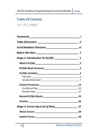 Oracle Database Programming Practicum Module 2014
ii Adrianus Wijaya© 2014
Table Of Content
コンテンツの表
Forewords____________________________________ i
Table Of Content _____________________________ ii
Used Database Structure _______________________ vi
Before We Start ______________________________ 1
Introduction To PL/SQL _________________ 1Stage 1:
What’s PL/SQL___________________________________2
PL/SQL Block Structure____________________________3
PL/SQL Variables_________________________________4
Tipe Data _________________________________________ 5
Variable Declaration ________________________________ 7
Control Structures_______________________________12
Conditional Flow __________________________________ 12
Iteration Flow ____________________________________ 17
Nested PL/SQL Blocks____________________________23
Practice _______________________________________26
Cursor-ing a Lot of Data________________ 27Stage 2:
About Cursors __________________________________28
Implicit Cursor __________________________________28
 