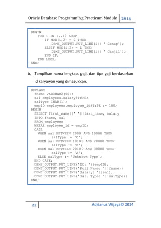 Oracle Database Programming Practicum Module 2014
22 Adrianus Wijaya© 2014
b. Tampilkan nama lengkap, gaji, dan tipe gaji berdasarkan
id karyawan yang dimasukkan.
BEGIN
FOR i IN 1..10 LOOP
IF MOD(i,2) = 0 THEN
DBMS_OUTPUT.PUT_LINE(i|| ' Genap');
ELSIF MOD(i,2) = 1 THEN
DBMS_OUTPUT.PUT_LINE(i|| ' Ganjil');
END IF;
END LOOP;
END;
DECLARE
fname VARCHAR2(50);
sal employees.salary%TYPE;
salType CHAR(1);
empID employees.employee_id%TYPE := 100;
BEGIN
SELECT first_name||' '||last_name, salary
INTO fname, sal
FROM employees
WHERE employee_id = empID;
CASE
WHEN sal BETWEEN 2000 AND 10000 THEN
salType := 'C';
WHEN sal BETWEEN 10100 AND 20000 THEN
salType := 'B';
WHEN sal BETWEEN 20100 AND 30000 THEN
salType := 'A';
ELSE salType := 'Unknown Type';
END CASE;
DBMS_OUTPUT.PUT_LINE('ID: '||empID);
DBMS_OUTPUT.PUT_LINE('Full Name: '||fname);
DBMS_OUTPUT.PUT_LINE('Salary: '||sal);
DBMS_OUTPUT.PUT_LINE('Sal. Type: '||salType);
END;
 