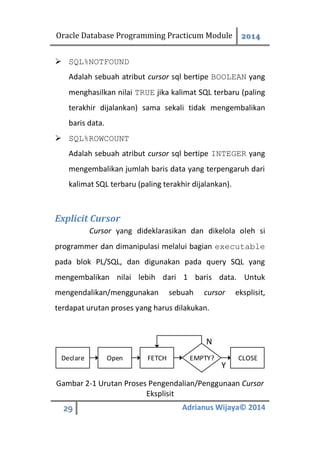 Oracle Database Programming Practicum Module 2014
29 Adrianus Wijaya© 2014
 SQL%NOTFOUND
Adalah sebuah atribut cursor sql bertipe BOOLEAN yang
menghasilkan nilai TRUE jika kalimat SQL terbaru (paling
terakhir dijalankan) sama sekali tidak mengembalikan
baris data.
 SQL%ROWCOUNT
Adalah sebuah atribut cursor sql bertipe INTEGER yang
mengembalikan jumlah baris data yang terpengaruh dari
kalimat SQL terbaru (paling terakhir dijalankan).
Explicit Cursor
Cursor yang dideklarasikan dan dikelola oleh si
programmer dan dimanipulasi melalui bagian executable
pada blok PL/SQL, dan digunakan pada query SQL yang
mengembalikan nilai lebih dari 1 baris data. Untuk
mengendalikan/menggunakan sebuah cursor eksplisit,
terdapat urutan proses yang harus dilakukan.
Declare Open FETCH EMPTY? CLOSE
Y
N
Gambar 2-1 Urutan Proses Pengendalian/Penggunaan Cursor
Eksplisit
 