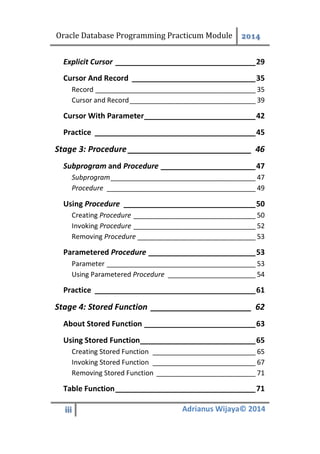 Oracle Database Programming Practicum Module 2014
iii Adrianus Wijaya© 2014
Explicit Cursor __________________________________29
Cursor And Record ______________________________35
Record __________________________________________ 35
Cursor and Record_________________________________ 39
Cursor With Parameter___________________________42
Practice _______________________________________45
Procedure ___________________________ 46Stage 3:
Subprogram and Procedure _______________________47
Subprogram______________________________________ 47
Procedure _______________________________________ 49
Using Procedure ________________________________50
Creating Procedure ________________________________ 50
Invoking Procedure ________________________________ 52
Removing Procedure _______________________________ 53
Parametered Procedure __________________________53
Parameter _______________________________________ 53
Using Parametered Procedure _______________________ 54
Practice _______________________________________61
Stored Function ______________________ 62Stage 4:
About Stored Function ___________________________63
Using Stored Function____________________________65
Creating Stored Function ___________________________ 65
Invoking Stored Function ___________________________ 67
Removing Stored Function __________________________ 71
Table Function__________________________________71
 
