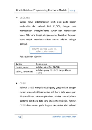 Oracle Database Programming Practicum Module 2014
30 Adrianus Wijaya© 2014
 DECLARE
Cursor harus dideklarasikan lebih dulu pada bagian
declarative dari sebuah blok PL/SQL, dengan cara
memberikan identifier/nama cursor dan menentukan
query SQL yang terkait dengan cursor tersebut. Susunan
kode untuk mendeklarasikan cursor adalah sebagai
berikut:
Pada susunan kode ini:
Syntax Penjelasan
cursor_name Adalah identifier PL/SQL
select_statement
Adalah query SELECT tanpa klausa
INTO
 OPEN
Kalimat OPEN mengeksekusi query yang terkait dengan
cursor, mengidentifikasi active set (baris data yang akan
dikembalikan), dan memposisikan pointer cursor ke baris
pertama dari baris data yang akan dikembalikan. Kalimat
OPEN dimasukkan pada bagian executable dari sebuah
CURSOR cursor_name IS
select_statement;
 