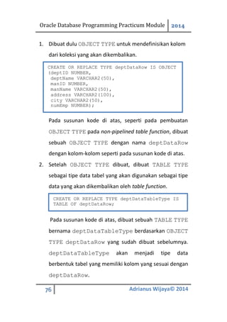 Oracle Database Programming Practicum Module 2014
76 Adrianus Wijaya© 2014
1. Dibuat dulu OBJECT TYPE untuk mendefinisikan kolom
dari koleksi yang akan dikembalikan.
Pada susunan kode di atas, seperti pada pembuatan
OBJECT TYPE pada non-pipelined table function, dibuat
sebuah OBJECT TYPE dengan nama deptDataRow
dengan kolom-kolom seperti pada susunan kode di atas.
2. Setelah OBJECT TYPE dibuat, dibuat TABLE TYPE
sebagai tipe data tabel yang akan digunakan sebagai tipe
data yang akan dikembalikan oleh table function.
Pada susunan kode di atas, dibuat sebuah TABLE TYPE
bernama deptDataTableType berdasarkan OBJECT
TYPE deptDataRow yang sudah dibuat sebelumnya.
deptDataTableType akan menjadi tipe data
berbentuk tabel yang memiliki kolom yang sesuai dengan
deptDataRow.
CREATE OR REPLACE TYPE deptDataRow IS OBJECT
(deptID NUMBER,
deptName VARCHAR2(50),
manID NUMBER,
manName VARCHAR2(50),
address VARCHAR2(100),
city VARCHAR2(50),
numEmp NUMBER);
CREATE OR REPLACE TYPE deptDataTableType IS
TABLE OF deptDataRow;
 