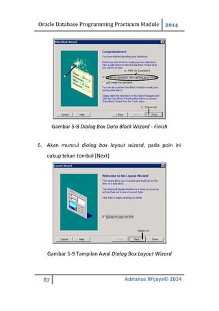 Oracle Database Programming Practicum Module 2014
87 Adrianus Wijaya© 2014
Gambar 5-8 Dialog Box Data Block Wizard - Finish
6. Akan muncul dialog box layout wizard, pada poin ini
cukup tekan tombol [Next]
Gambar 5-9 Tampilan Awal Dialog Box Layout Wizard
 
