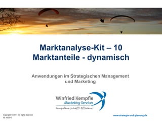 20.08.2015
Copyright © 2015. All rights reserved. www.strategie-und-planung.de
Marktanalyse-Kit – 10
Marktanteile - dynamisch
Anwendungen im Strategischen Marketing
 