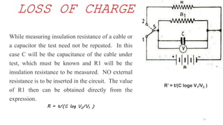 LOSS OF CHARGE METHOD
11
R’ = t/(C loge V1/V2 )
While measuring insulation resistance of a cable or
a capacitor the test need not be repeated. In this
case C will be the capacitance of the cable under
test, which must be known and R1 will be the
insulation resistance to be measured. NO external
resistance is to be inserted in the circuit. The value
of R1 then can be obtained directly from the
expression.
R = t/(C log V2/V1 )