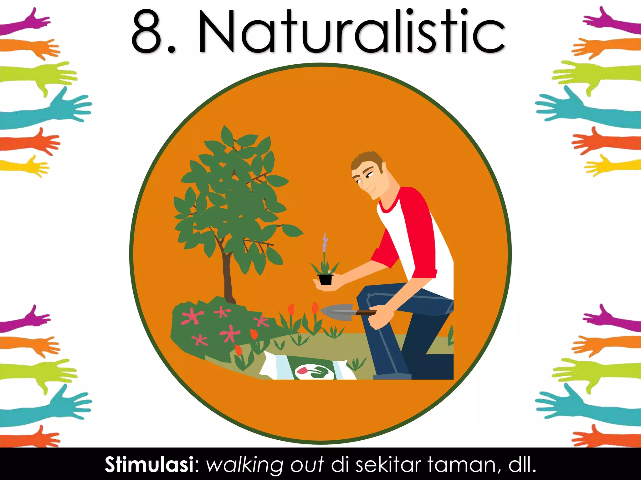 8. Naturalistic
Stimulasi: walking out di sekitar taman, dll.