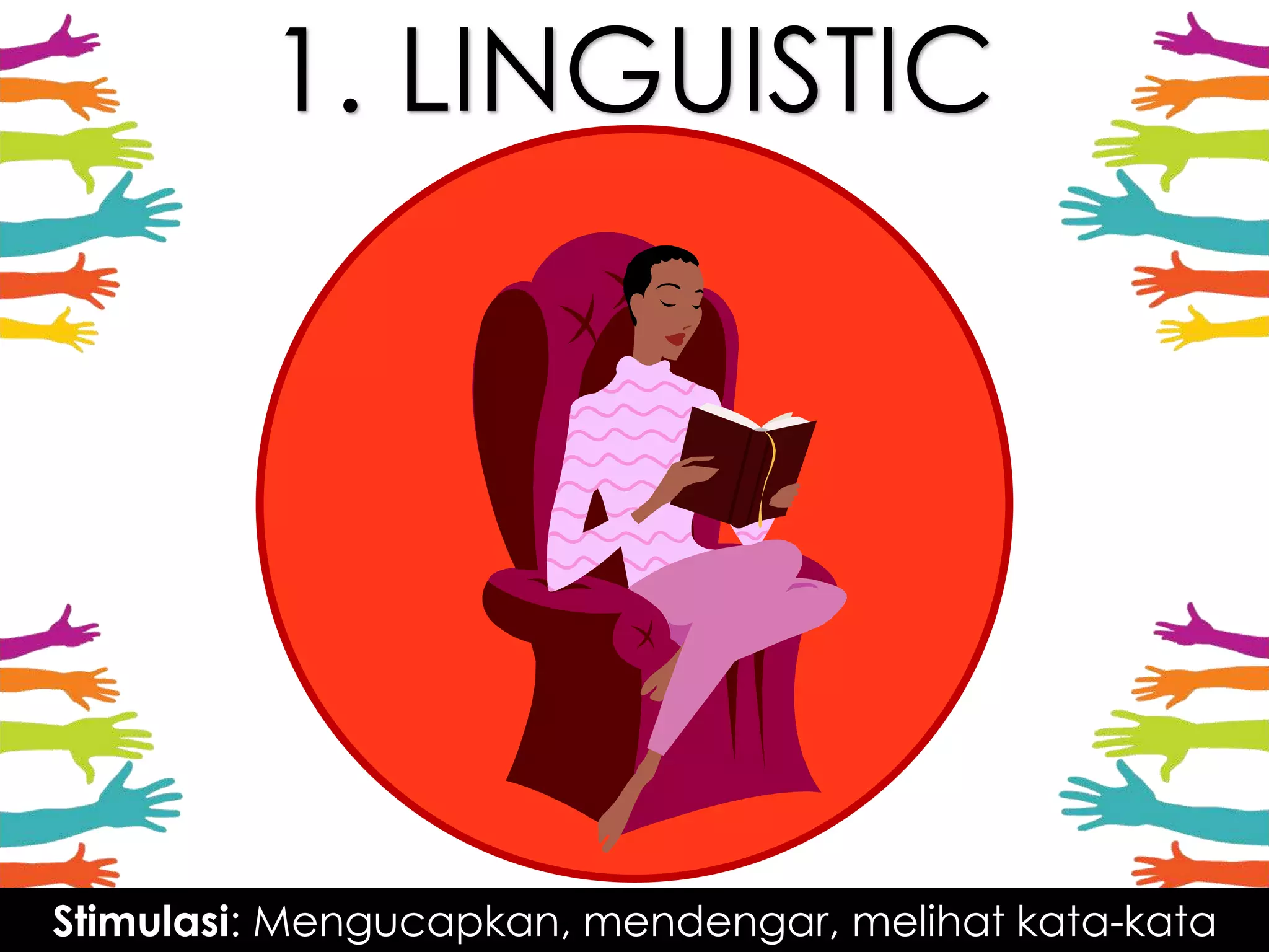 1. LINGUISTIC
Stimulasi: Mengucapkan, mendengar, melihat kata-kata