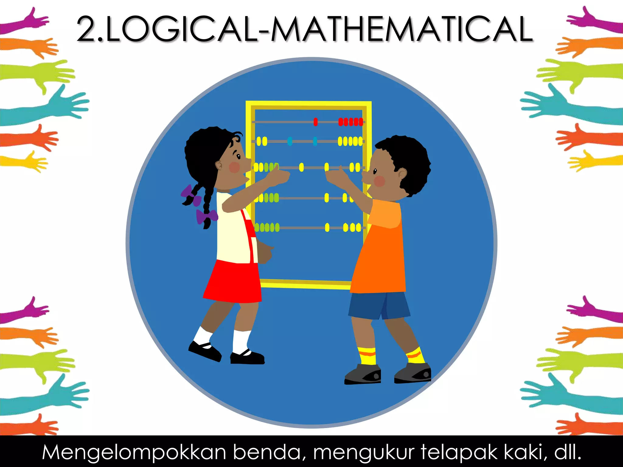 2.LOGICAL-MATHEMATICAL
Mengelompokkan benda, mengukur telapak kaki, dll.