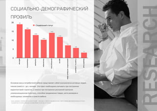 0
5
10
15
20
рабочие
специалисты
служащие
пенсионеры
руководители
другое
домохозяйки,молодыемамы
студенты,учащиеся
безработные
3
5,6
7,1
11,8
14,2
10,3
12,9
16,1
19
Социальный статус
социально-демографический
профиль
БАЗА ДАННЫХ: M'INDEX 2014/2 ПОЛУГОДИЕ - РОССИЯ (+ ZODIAC)/ЦЕЛЕВАЯ БАЗА: ОКРУГ.ПРИВОЛЖСКИЙ/ЦЕЛЕВАЯ ГРУППА:
ПЛАНИРУЮТ КУПИТЬ МЕБЕЛЬ В БЛИЖАЙШИЕ ПОЛГОДА (В СЕМЬЕ)
Основная масса потребителей мебели представляет собой экономически активных людей,
членов семей от 2 до 4 человек. Этот факт необходимо учитывать при построении
маркетинговой стратегии, а именно при построении рекламной кампании
(коммуникационная политика), способов продвижения товара, учета размеров и
необходимых элементов и качеств мебели.
 