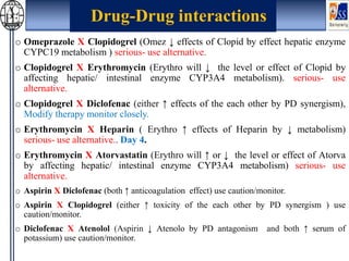 o Omeprazole X Clopidogrel (Omez ↓ effects of Clopid by effect hepatic enzyme
CYPC19 metabolism ) serious- use alternative.
o Clopidogrel X Erythromycin (Erythro will ↓ the level or effect of Clopid by
affecting hepatic/ intestinal enzyme CYP3A4 metabolism). serious- use
alternative.
o Clopidogrel X Diclofenac (either ↑ effects of the each other by PD synergism),
Modify therapy monitor closely.
o Erythromycin X Heparin ( Erythro ↑ effects of Heparin by ↓ metabolism)
serious- use alternative.. Day 4.
o Erythromycin X Atorvastatin (Erythro will ↑ or ↓ the level or effect of Atorva
by affecting hepatic/ intestinal enzyme CYP3A4 metabolism) serious- use
alternative.
o Aspirin X Diclofenac (both ↑ anticoagulation effect) use caution/monitor.
o Aspirin X Clopidogrel (either ↑ toxicity of the each other by PD synergism ) use
caution/monitor.
o Diclofenac X Atenolol (Aspirin ↓ Atenolo by PD antagonism and both ↑ serum of
potassium) use caution/monitor.
Drug-Drug interactions
 
