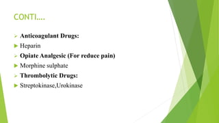 CONTI….
 Anticoagulant Drugs:
 Heparin
 Opiate Analgesic (For reduce pain)
 Morphine sulphate
 Thrombolytic Drugs:
 Streptokinase,Urokinase
 