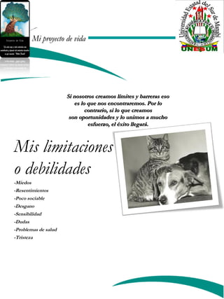 Mi proyecto de vidaMi proyecto de vida
Mis limitaciones
o debilidades
-Miedos
-Resentimientos
-Poco sociable
-Desgano
-Sensibilidad
-Dudas
-Problemas de salud
-Tristeza
Si nosotros creamos límites y barreras esoSi nosotros creamos límites y barreras eso
es lo que nos encontraremos. Por loes lo que nos encontraremos. Por lo
contrario, si lo que creamoscontrario, si lo que creamos
son oportunidades y lo unimos a muchoson oportunidades y lo unimos a mucho
esfuerzo, el éxito llegará.esfuerzo, el éxito llegará.
 