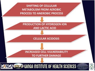 SHIFTING OF CELLULAR
METABOLISM FROM AEROBIC
PROCESS TO ANEROBIC PROCESS
PRODUCTION OF HYDROGEN ION
AND LACTIC ACID
CELLULAR ACIDOSIS
INCREASED CELL VULNERABILITY
TO FURTHER DAMAGE
 