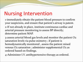 Nursing Intervention
1-immediately obtain the patient blood pressure to confirm
your suspicions, and ensure that patient's...