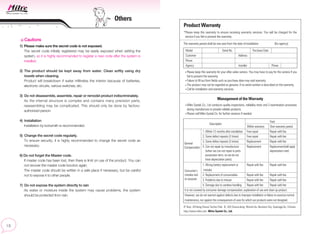 Cautions
1) Please make sure the secret code is not exposed.
The secret code initially registered may be easily exposed when setting the
system, so it is highly recommended to register a new code after the system is
installed.
2) The product should be kept away from water. Clean softly using dry
towels when cleaning.
Product will breakdown if water infiltrates the interior because of batteries,
electronic circuits, various switches, etc.
3) Do not disassemble, assemble, repair or remodel product indiscriminately.
As the internal structure is complex and contains many precision parts,
reassembling may be complicated. This should only be done by factory-
authorized person.
4) Installation
Installation by locksmith is recommended.
5) Change the secret code regularly.
To ensure security, it is highly recommended to change the secret code as
necessary.
6) Do not forget the Master code.
If master code has been lost, then there is limit on use of the product. You can
not recover the master code function again.
The master code should be written in a safe place if necessary, but be careful
not to expose it to other people.
7) Do not expose the system directly to rain
As water or moisture inside the system may cause problems, the system
should be protected from rain.
Product Warranty
*Please keep this warranty to ensure receiving warranty services. You will be charged for the
service if you fail to present the warranty.
The warranty period shall be one year from the date of installation (for agency)
Please keep this warranty for your after-sales service. You may have to pay for the service if you
fail to present the warranty.
Failure to fill out form fields such as purchase date may void warranty.
The product may not be regarded as genuine, if no serial number is described on the warranty.
Call for installation and warranty services.
Management of the Warranty
Milre Systek Co., Ltd conducts quality inspections, reliability tests and 3 examination processes
during manufacture to provide reliable products.
Please call Milre Systek Co. for further services if needed.
9th
floor, 201dong Chunui Techno Park , 202 Chunui-dong, Wonmi-Gu, Bucheon City, Gyeonggi-Do, S.Korea
http://www.milre.com Milre Systek Co., Ltd.
Model Serial No Purchase Date
Customer Address
Phone
Agency Installer Phone
Description
Fees
Within warranty Over warranty period
1. Within 12 months after installation Free repair Repair with fee
2. Same defect repeats (2 times) Free repair Repair with fee
3. Same defect repeats (3 times) Replacement Repair with fee
4. Can not repair by manufacturer Replacement Replacement(will apply
(when we can not repair in parts depreciation rate)
possession term, so we do not
have depreciation parts).
General
Compensation
Consumer’s
mistake and
on purpose
1. Wrong battery replacement or Repair with fee Repair with fee
mistake
2. Replacement of consumables Repair with fee Repair with fee
3. Problems due to misuse Repair with fee Repair with fee
4. Damage due to careless handling Repair with fee Repair with fee
It is not covered by consumer damage compensation, explanation of use and clean up product.
However, we do not warrant against defects due to improper installation or failure to exercise normal
maintenance, nor against the consequences of uses for which our products were not designed.
Others
 