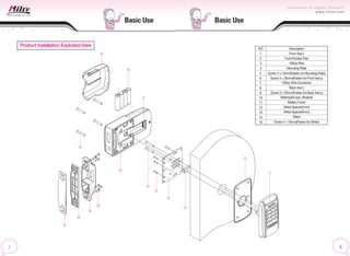 Basic Use
Basic Use
NO
1
2
3
4
5
6
7
8
9
10
11
12
13
14
15
Description
Front Ass’y
Front Rubber Pad
10Key Wire
Mounting Plate
Screw 4 19mm(Fasten for Mounting Plate)
Screw 5 30mm(Fasten for Front Ass’y)
10Key Wire Connector
Back Ass’y
Screw 5 29mm(Fasten for Back Ass’y)
Battery(AA size, Alkaline)
Battery Cover
Strike Spacer(2mm)
Strike Spacer(4mm)
Strike
Screw 4 19mm(Fasten for Strike)
Product Installation Exploded View
 