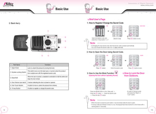 Basic Use
Brief User’s Page
1. How to Register/Change the Secret Code
Open the battery cover and
press the 10-key button “ ”
Basic Use
2. Back Ass’y
Part Name
1. Open Knob
2. Double-Locking Switch
3. Dead Bolt
4. Door Sensor (sub latch)
5. One-Touch Button
6. 10-key Button
Functions
Lock or unlock the product by turning the knob.
When the door is locked, a deadbolt is extended to hold the strike and
keep the door locked.
A sensor detecting the door is closed or opened.
A button to lock or unlock the product from indoors.
A button to register or change the secret code.
This switch turns on at the back ass’y, it cannot unlock the product
from outside even with the registered secret code.
2. How to Open the Door Using Secret Code.
[Secret code] Press button to end.
~birik birik
~bik
~biririk
~bik
Press button
3. How to Use the Mute Function
(Opening the Door without Operating Sound).
Press the [Mute] button on the 10key pad
Press the button Enter the secret code
Press the star button.
(In case of manual mode)
Just press the “Mute” or
“Lock” button
Enter the secret code Press button to end.
How to Lock the Door
from Outdoors.
Note
* When the door is locked by lock button, it can be locked while the door is open.
* If wrong codes are entered 5 times in a row, the keypad becomes inactive for a full minute with a
warning alarm (7 seconds).
Note
* If changing the new secret code, then the former code is erased automatically.
* You can choose the secret code (4 to 12 digits) optionally.
 