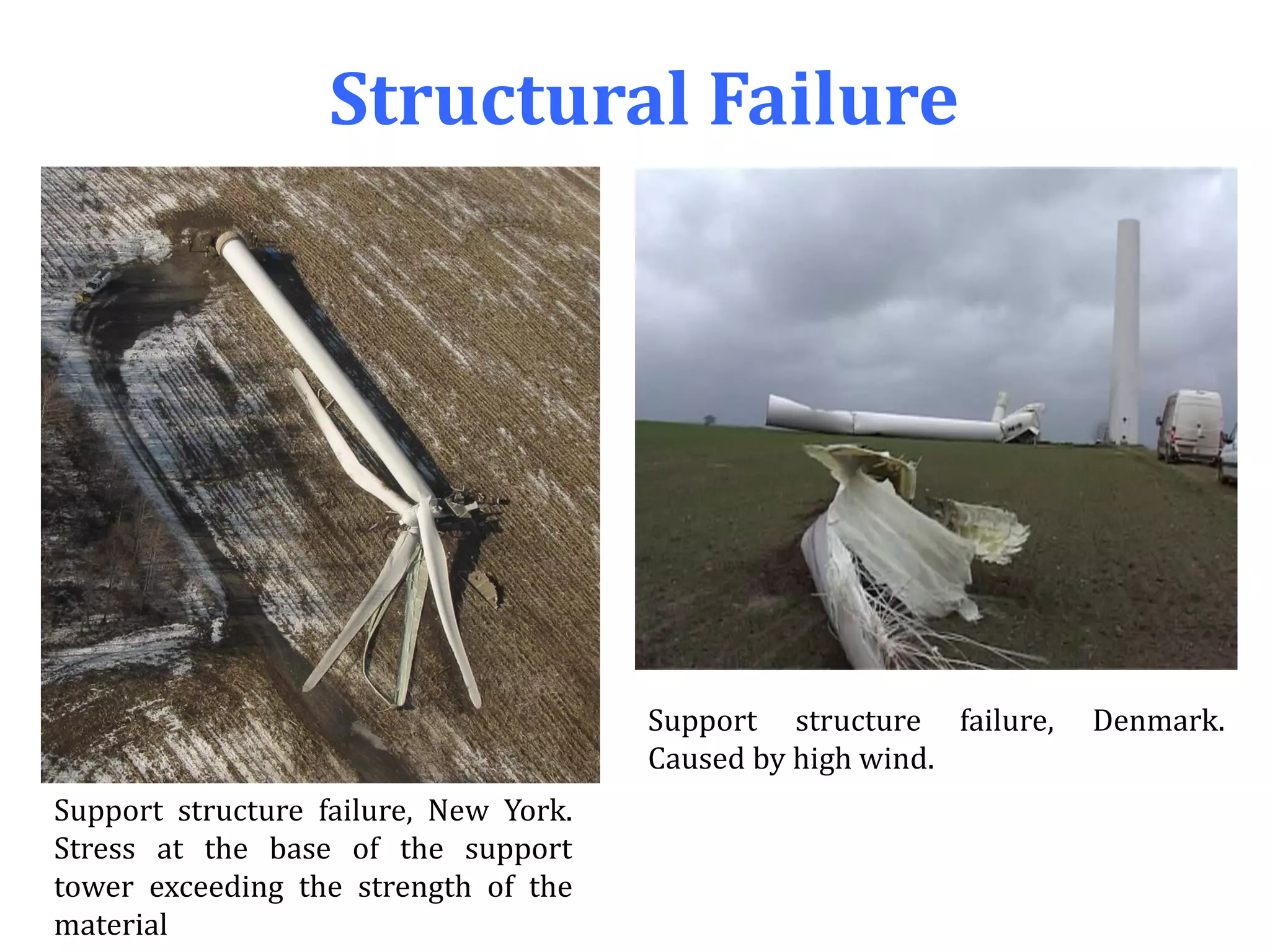 Structural Failure
Support structure failure, New York.
Stress at the base of the support
tower exceeding the strength of the
material
Support structure failure, Denmark.
Caused by high wind.
 
