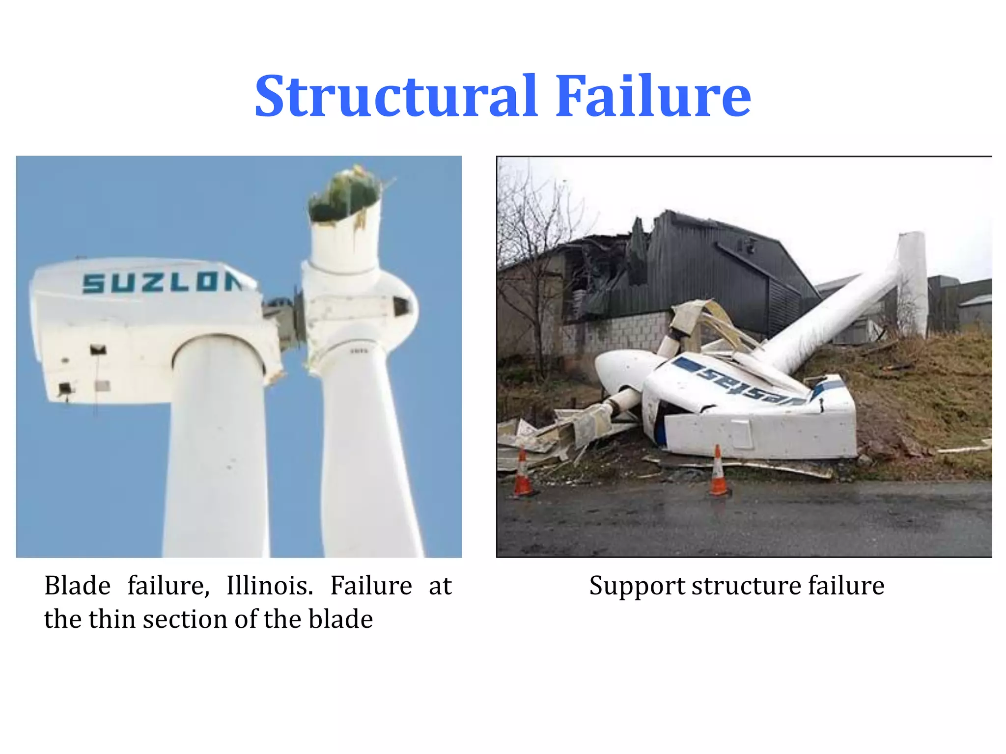 Structural Failure
Blade failure, Illinois. Failure at
the thin section of the blade
Support structure failure
 