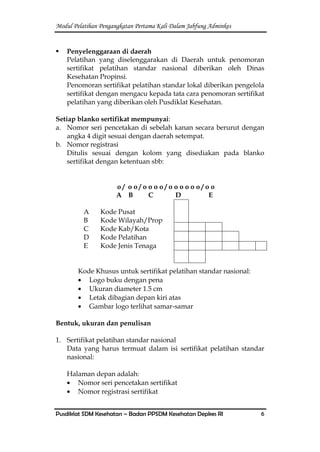 Modul Pelatihan Pengangkatan Pertama Kali Dalam Jabfung Adminkes
Pusdiklat SDM Kesehatan – Badan PPSDM Kesehatan Depkes RI 6
 Penyelenggaraan di daerah
Pelatihan yang diselenggarakan di Daerah untuk penomoran
sertifikat pelatihan standar nasional diberikan oleh Dinas
Kesehatan Propinsi.
Penomoran sertifikat pelatihan standar lokal diberikan pengelola
sertifikat dengan mengacu kepada tata cara penomoran sertifikat
pelatihan yang diberikan oleh Pusdiklat Kesehatan.
Setiap blanko sertifikat mempunyai:
a. Nomor seri pencetakan di sebelah kanan secara berurut dengan
angka 4 digit sesuai dengan daerah setempat.
b. Nomor registrasi
Ditulis sesuai dengan kolom yang disediakan pada blanko
sertifikat dengan ketentuan sbb:
o / o o / o o o o / o o o o o o / o o
A B C D E
A Kode Pusat
B Kode Wilayah/Prop
C Kode Kab/Kota
D Kode Pelatihan
E Kode Jenis Tenaga
Kode Khusus untuk sertifikat pelatihan standar nasional:
Logo buku dengan pena
Ukuran diameter 1.5 cm
Letak dibagian depan kiri atas
Gambar logo terlihat samar-samar
Bentuk, ukuran dan penulisan
1. Sertifikat pelatihan standar nasional
Data yang harus termuat dalam isi sertifikat pelatihan standar
nasional:
Halaman depan adalah:
Nomor seri pencetakan sertifikat
Nomor registrasi sertifikat
 