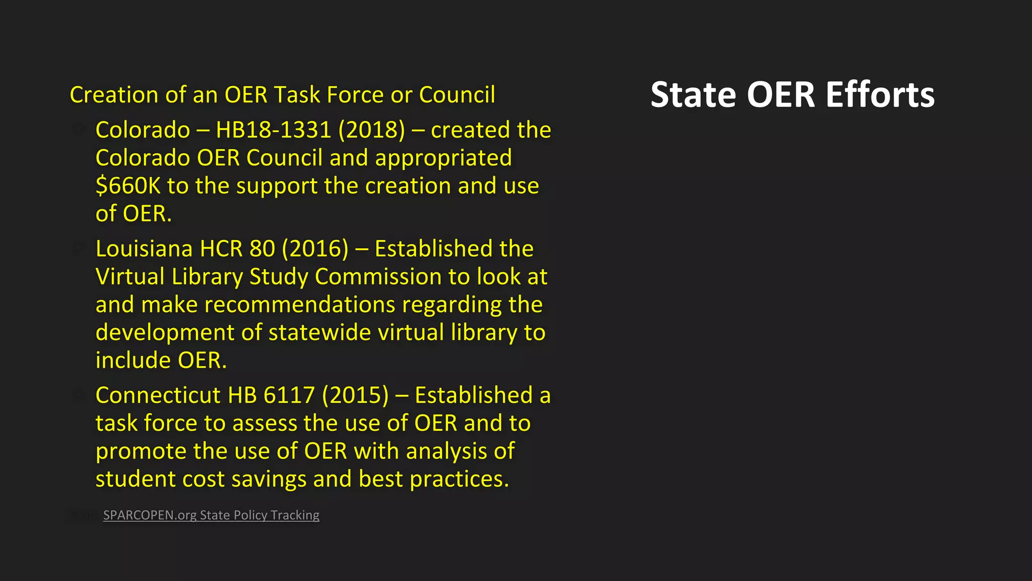 Creation of an OER Task Force or Council
• Colorado – HB18-1331 (2018) – created the
Colorado OER Council and appropriated
$660K to the support the creation and use
of OER.
• Louisiana HCR 80 (2016) – Established the
Virtual Library Study Commission to look at
and make recommendations regarding the
development of statewide virtual library to
include OER.
• Connecticut HB 6117 (2015) – Established a
task force to assess the use of OER and to
promote the use of OER with analysis of
student cost savings and best practices.
From SPARCOPEN.org State Policy Tracking
State OER Efforts
 