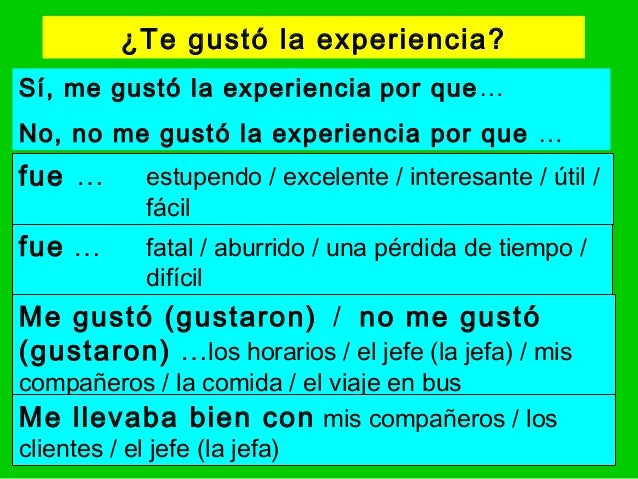 ¿Te gustó la experiencia?fue … estupendo / excelente / interesante / útil /fácilSí, me gustó la experiencia por que…No, no...