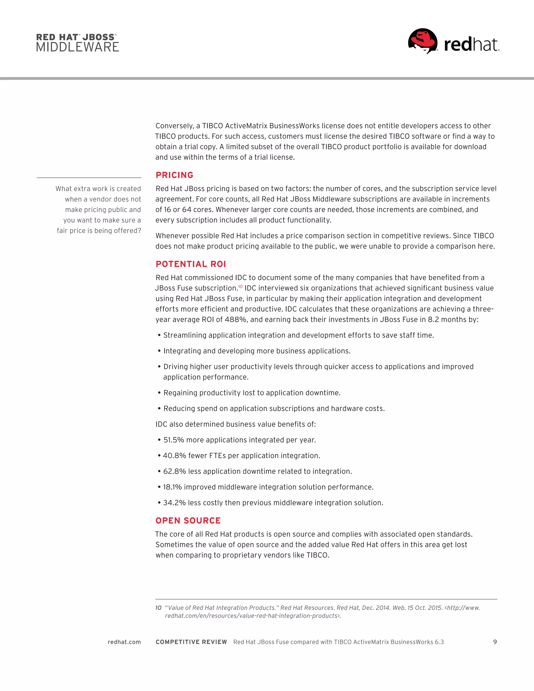 9redhat.com COMPETITIVE REVIEW  Red Hat JBoss Fuse compared with TIBCO ActiveMatrix BusinessWorks 6.3
Conversely, a TIBCO ActiveMatrix BusinessWorks license does not entitle developers access to other
TIBCO products. For such access, customers must license the desired TIBCO software or find a way to
obtain a trial copy. A limited subset of the overall TIBCO product portfolio is available for download
and use within the terms of a trial license.
PRICING
Red Hat JBoss pricing is based on two factors: the number of cores, and the subscription service level
agreement. For core counts, all Red Hat JBoss Middleware subscriptions are available in increments
of 16 or 64 cores. Whenever larger core counts are needed, those increments are combined, and
every subscription includes all product functionality.
Whenever possible Red Hat includes a price comparison section in competitive reviews. Since TIBCO
does not make product pricing available to the public, we were unable to provide a comparison here.
POTENTIAL ROI
Red Hat commissioned IDC to document some of the many companies that have benefited from a
JBoss Fuse subscription.10
IDC interviewed six organizations that achieved significant business value
using Red Hat JBoss Fuse, in particular by making their application integration and development
efforts more efficient and productive. IDC calculates that these organizations are achieving a three-
year average ROI of 488%, and earning back their investments in JBoss Fuse in 8.2 months by:
•	Streamlining application integration and development efforts to save staff time.
•	Integrating and developing more business applications.
•	Driving higher user productivity levels through quicker access to applications and improved
application performance.
•	Regaining productivity lost to application downtime.
•	Reducing spend on application subscriptions and hardware costs.
IDC also determined business value benefits of:
•	51.5% more applications integrated per year.
•	40.8% fewer FTEs per application integration.
•	62.8% less application downtime related to integration.
•	18.1% improved middleware integration solution performance.
•	34.2% less costly then previous middleware integration solution.
OPEN SOURCE
The core of all Red Hat products is open source and complies with associated open standards.
Sometimes the value of open source and the added value Red Hat offers in this area get lost
when comparing to proprietary vendors like TIBCO.
	10	 “Value of Red Hat Integration Products.” Red Hat Resources. Red Hat, Dec. 2014. Web. 15 Oct. 2015. <http://www.
redhat.com/en/resources/value-red-hat-integration-products>.
What extra work is created
when a vendor does not
make pricing public and
you want to make sure a
fair price is being offered?
 